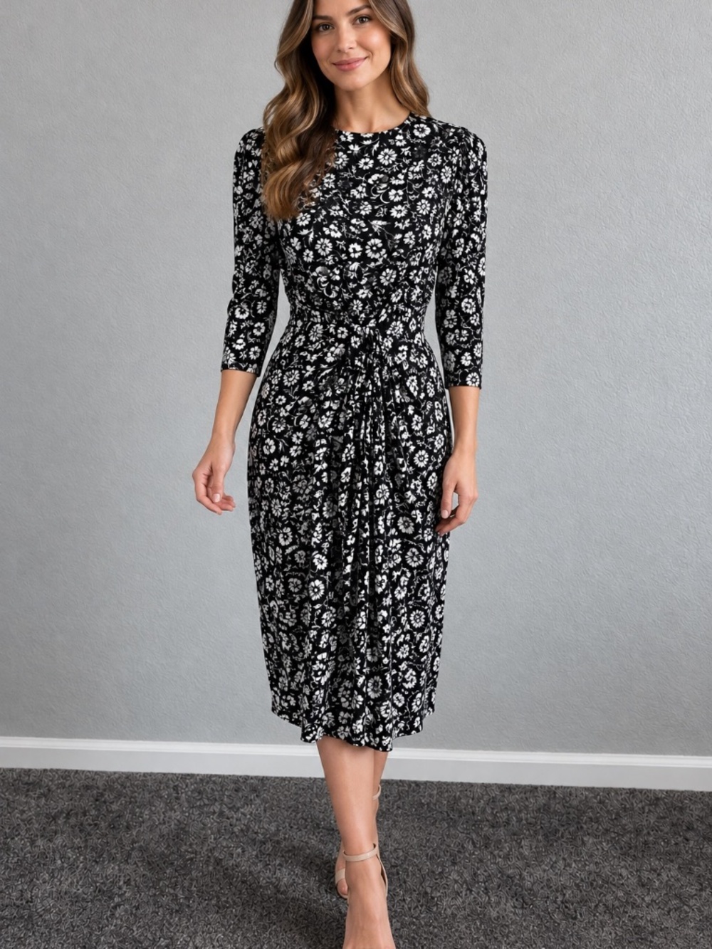 Karin Stevens Vintage Floral Dress Black White 3/4 Sleeve Ruched Cottage Midi 4